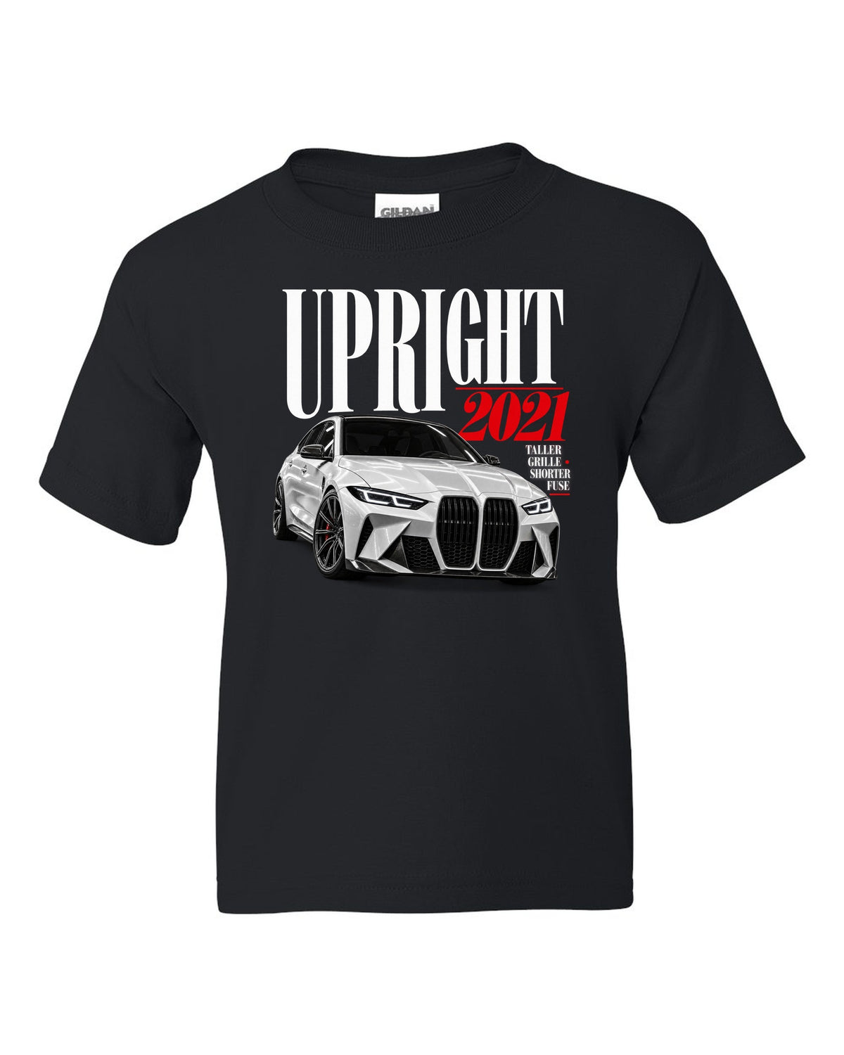 BMW G80 M3 editorial print with upright 2021 headline and grille tagline black kids tee front view with the design