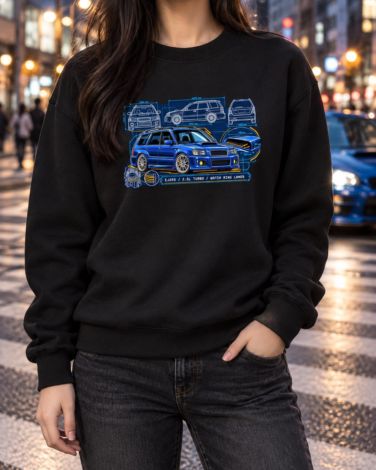 Subaru Forester SG9 EJ255 Scoop Blueprint Sleeper Tee Crewneck Black worn hero