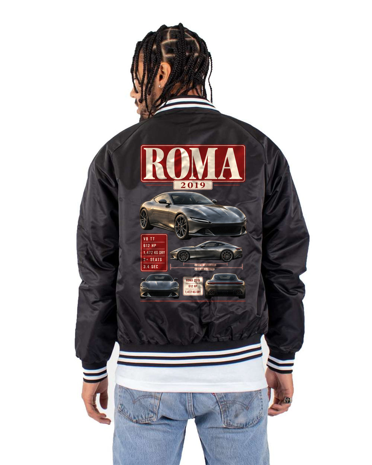 Ferrari Roma 2019 Archive Panel Shirt, 612 HP Car Tee Bomber Jacket Black back