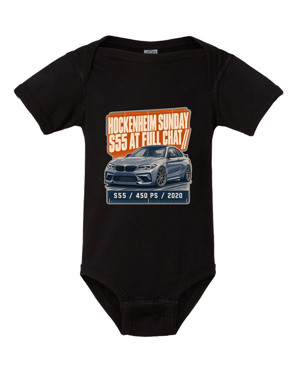 BMW M2 CS F87 halftone statement print with Hockenheim Sunday and S55 text black baby onesie front view with the design