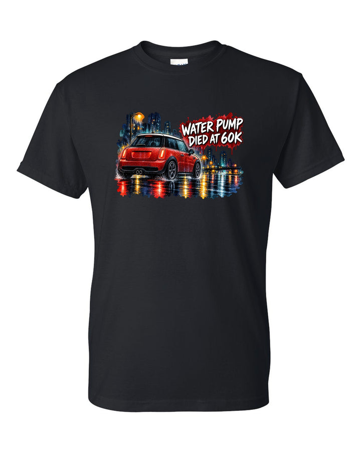 Watercolour night scene of a Mini Cooper S R56 on a wet road black t-shirt front view with the design
