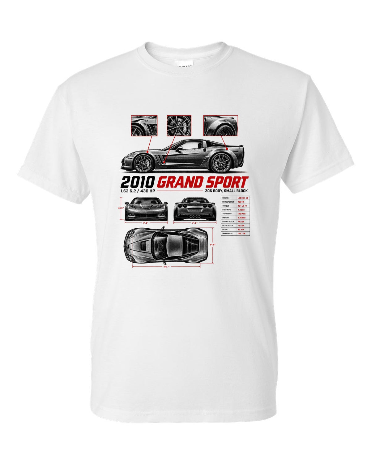Corvette C6 Grand Sport 2010 with wide haunches, spec poster white t-shirt front view with the design