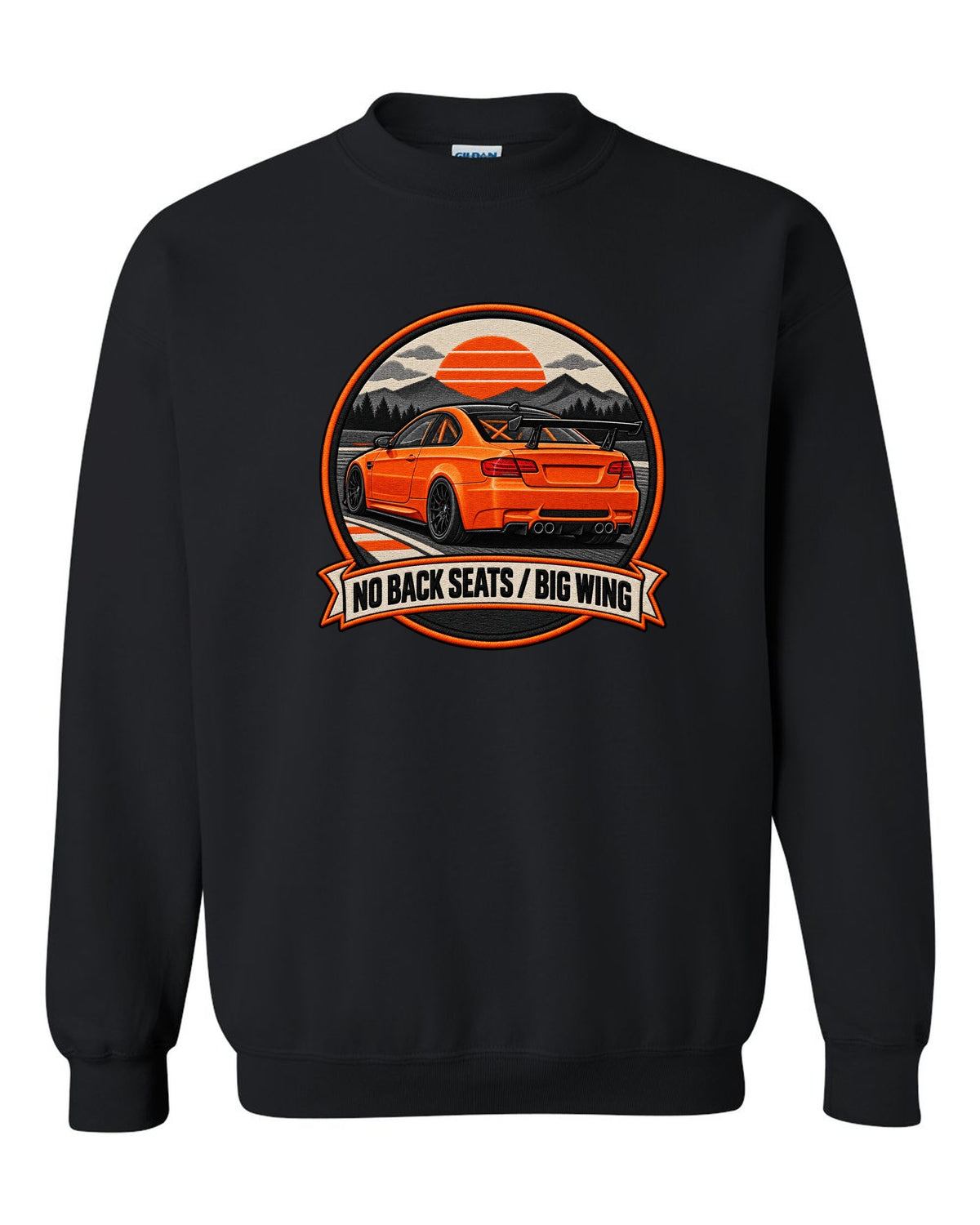BMW E92 M3 GTS crest print with no back seats big wing text black crewneck front view with the design