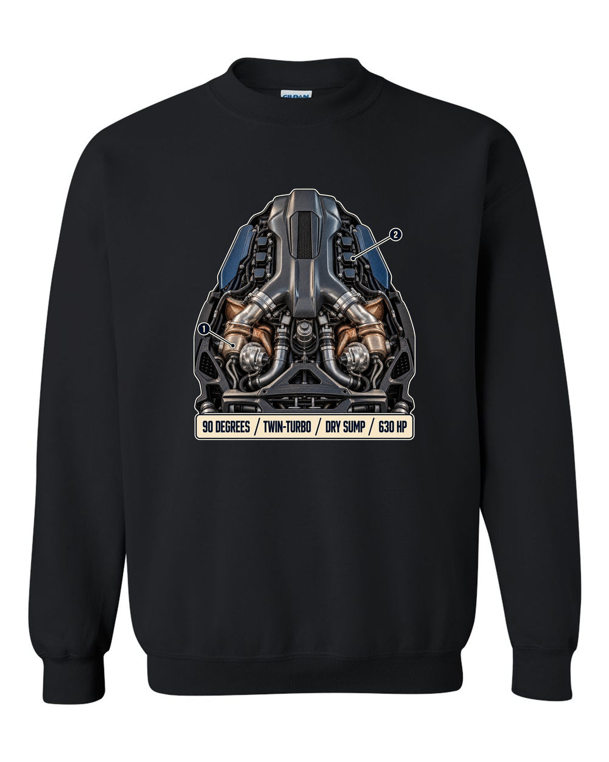 Maserati MC20 Nettuno V6 engine hero illustration, print black crewneck front view with the design