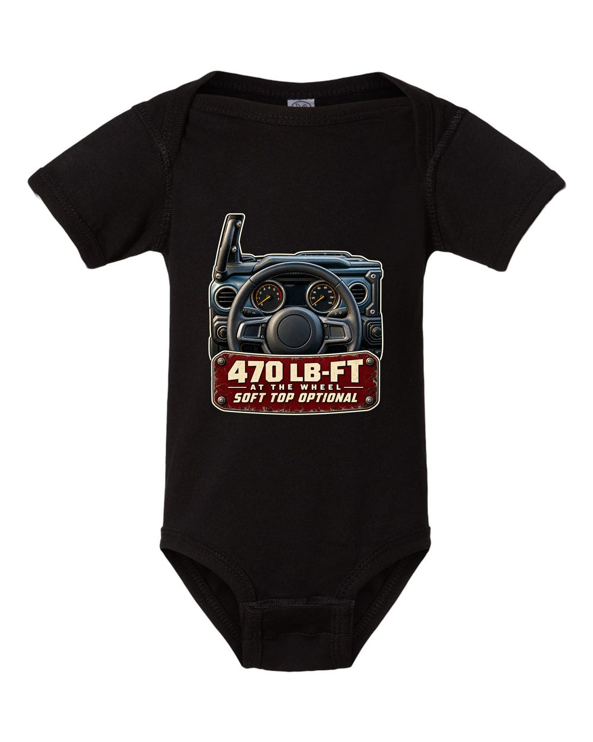Gauge cluster print for the Jeep Wrangler Rubicon 392 with torque callout black baby onesie front view with the design