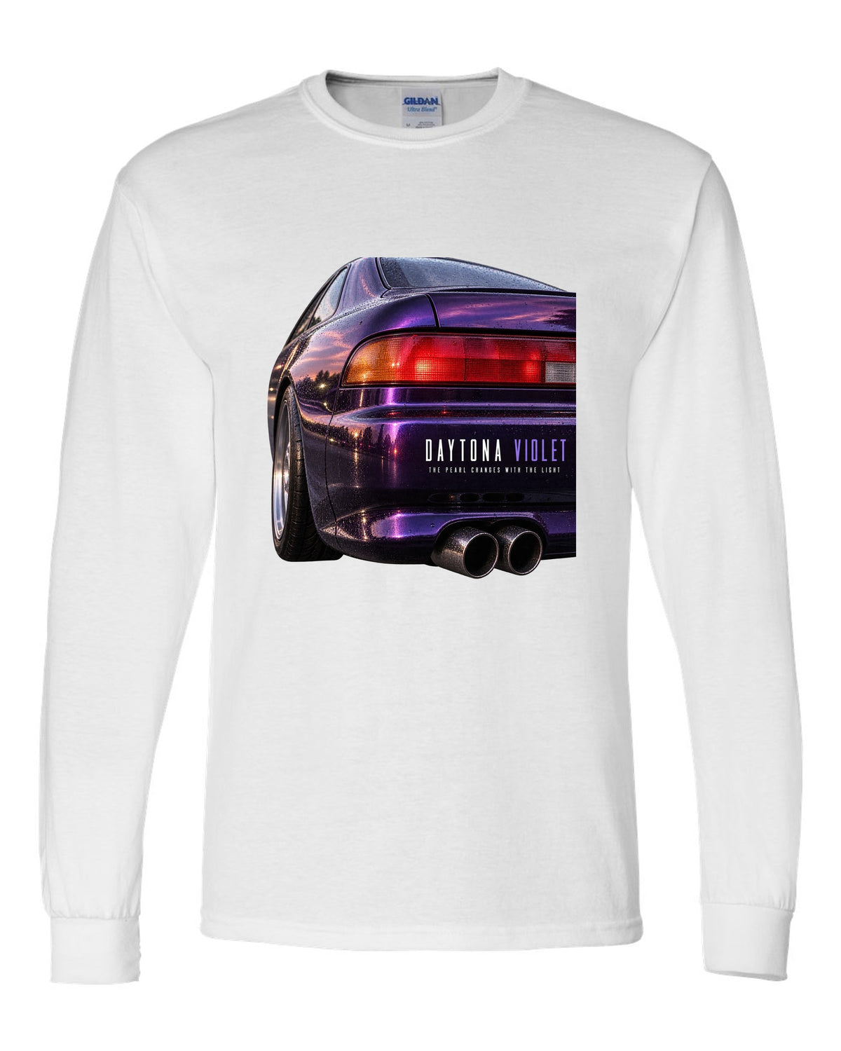 BMW E36 M3 coupe taillight macro print with Daytona Violet pearl paint text white long sleeve front view with the design