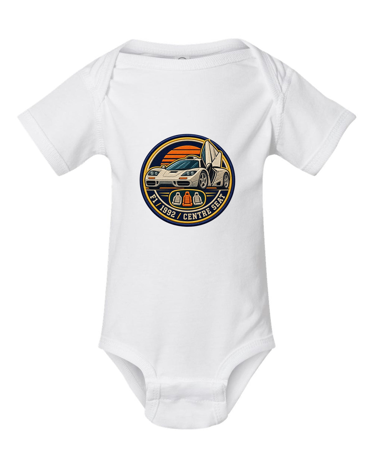 Embroidery varsity crest print for the McLaren F1 with F1, 1992 and Centre Seat lettering white baby onesie front view with the design