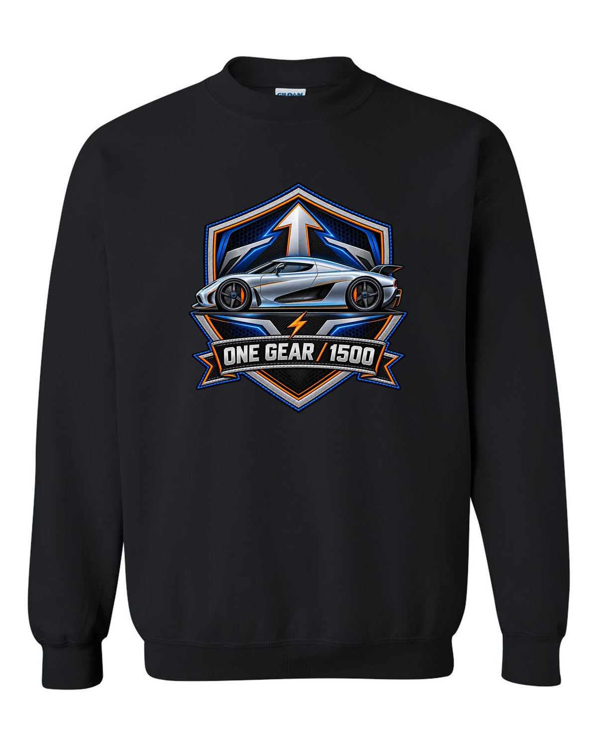 Embroidery-style varsity crest for the Koenigsegg Regera with ONE GEAR 1500 lettering black crewneck front view with the design