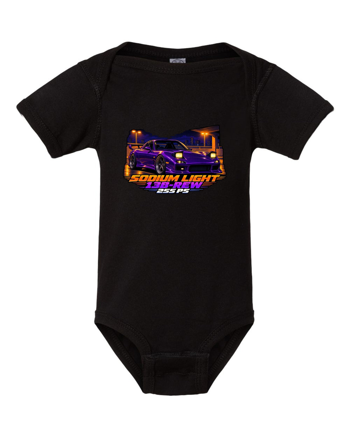 Cel-shaded 90s anime night print of a Mazda RX-7 FD3S with text Sodium Light, 13B-REW, 255 PS black baby onesie front view with the design