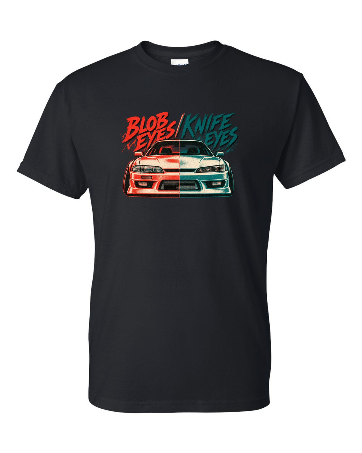 Risograph two-colour print comparing Nissan Silvia S14 zenki and kouki front ends black t-shirt front view with the design