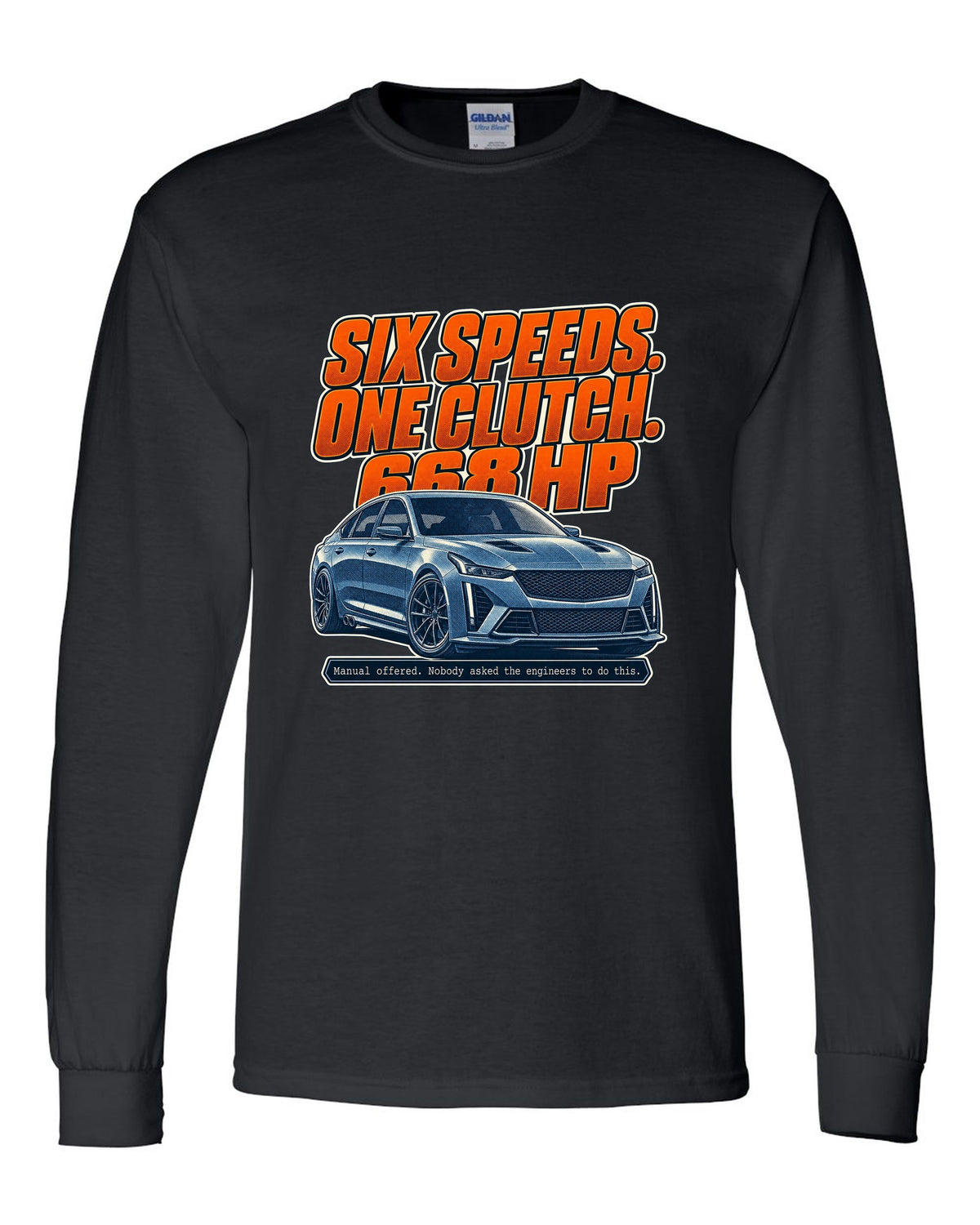 Halftone print of a Cadillac CT5-V Blackwing with six-speed manual text black long sleeve front view with the design