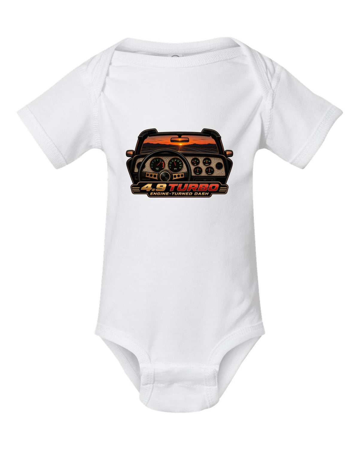 1981 Pontiac Firebird Trans Am gauge cluster HUD graphic with 4.9 Turbo text white baby onesie front view with the design