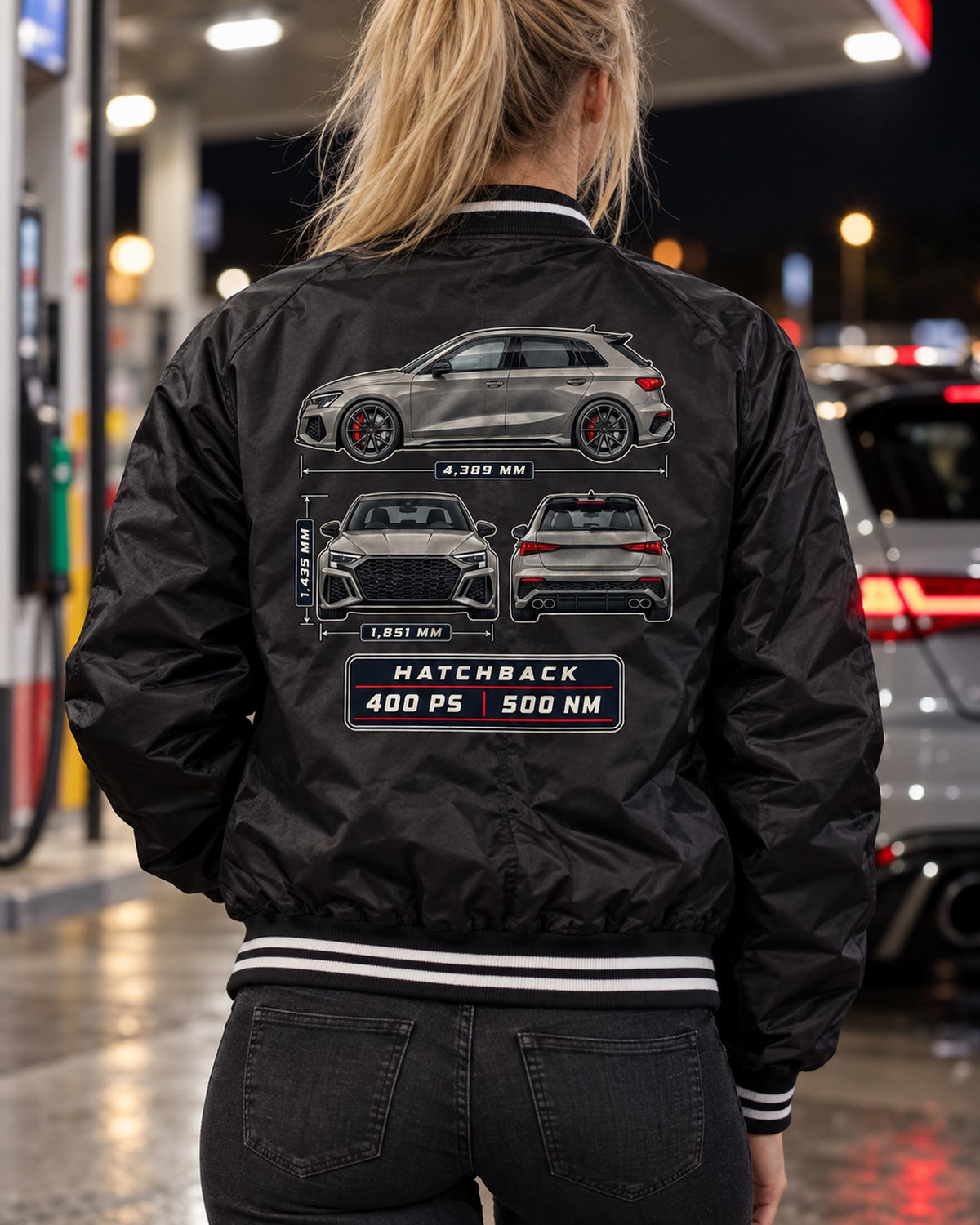 Audi RS3 8Y Sportback Three-View Spec Table Car Shirt Bomber Jacket Black worn hero