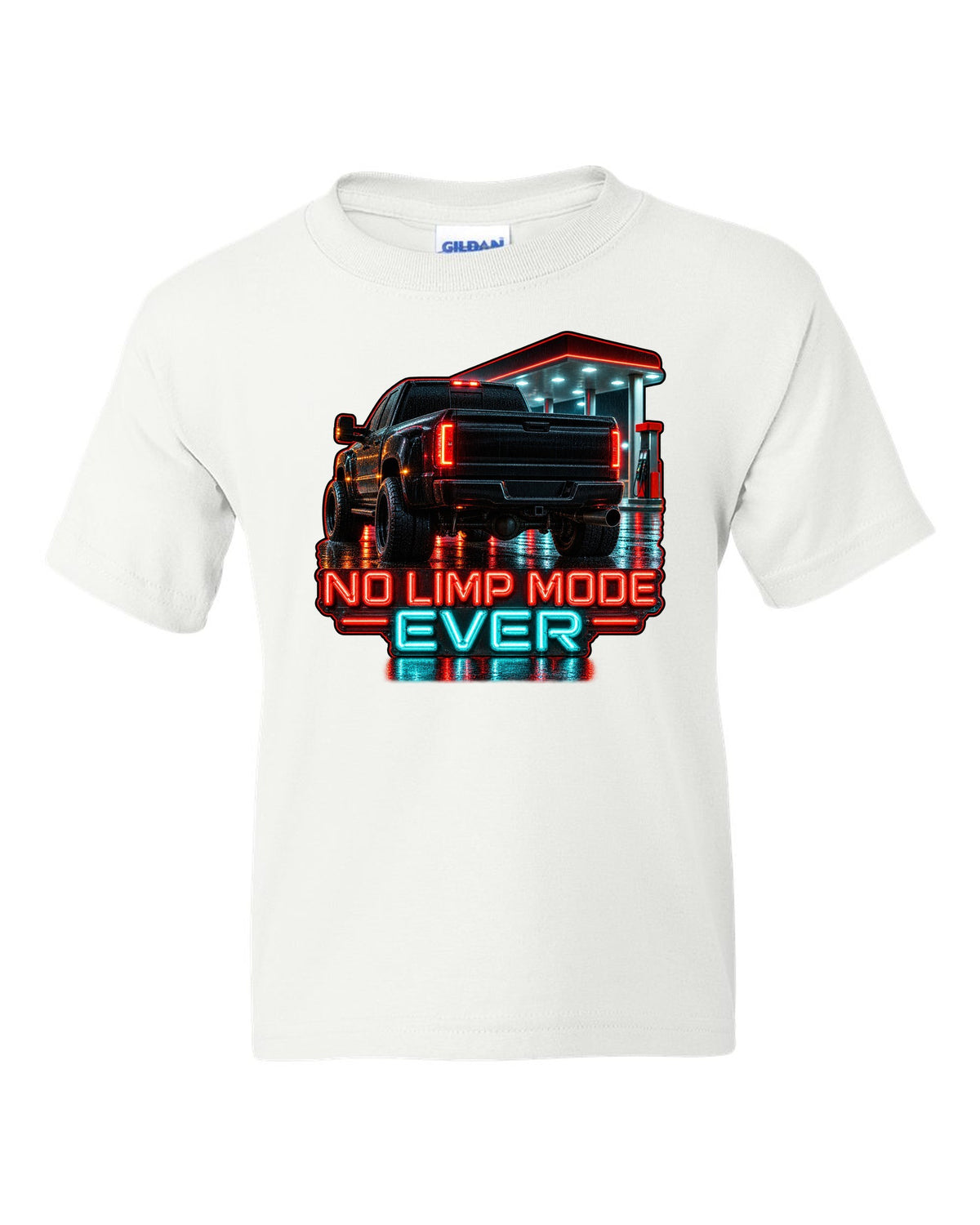 Photoreal night garage taillight print of a 1994-1998 Dodge Ram 2500 12V Cummins with No Limp Mode Ever text white kids tee front view with the design