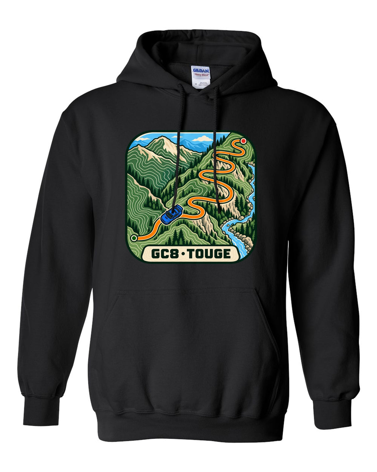 Subaru Impreza WRX GC8 touge route drawn as a topographic contour map, GC8 / TOUGE black pull over hoodie front view with the design