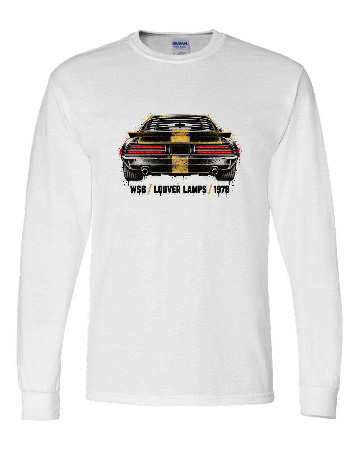 1978 Pontiac Firebird Formula rear taillights cutout in stencil style white long sleeve front view with the design