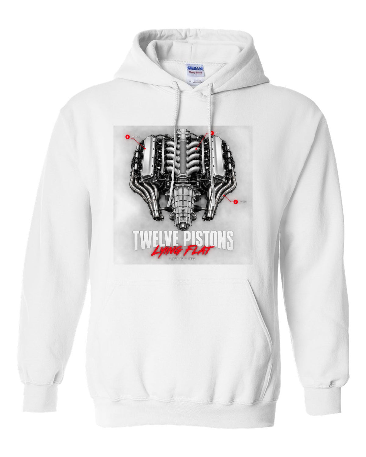 Engine callout print of the Ferrari 512 TR and F512 M flat-12 with the text Twelve Pistons Lying Flat white pull over hoodie front view with the design