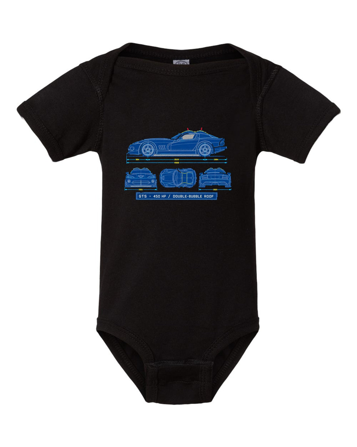 Cyanotype blueprint print of a 1996 Dodge Viper GTS SR II with double-bubble roof text black baby onesie front view with the design