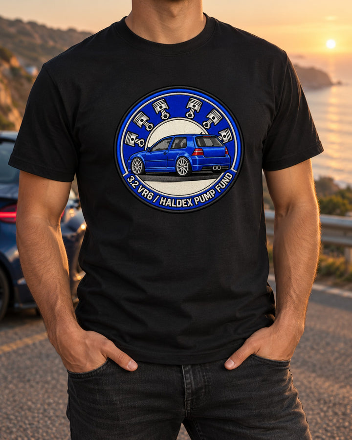 VW Golf R32 Mk4 3.2 VR6 Haldex Crest Shirt, Car Guy Gift T-Shirt Black worn hero
