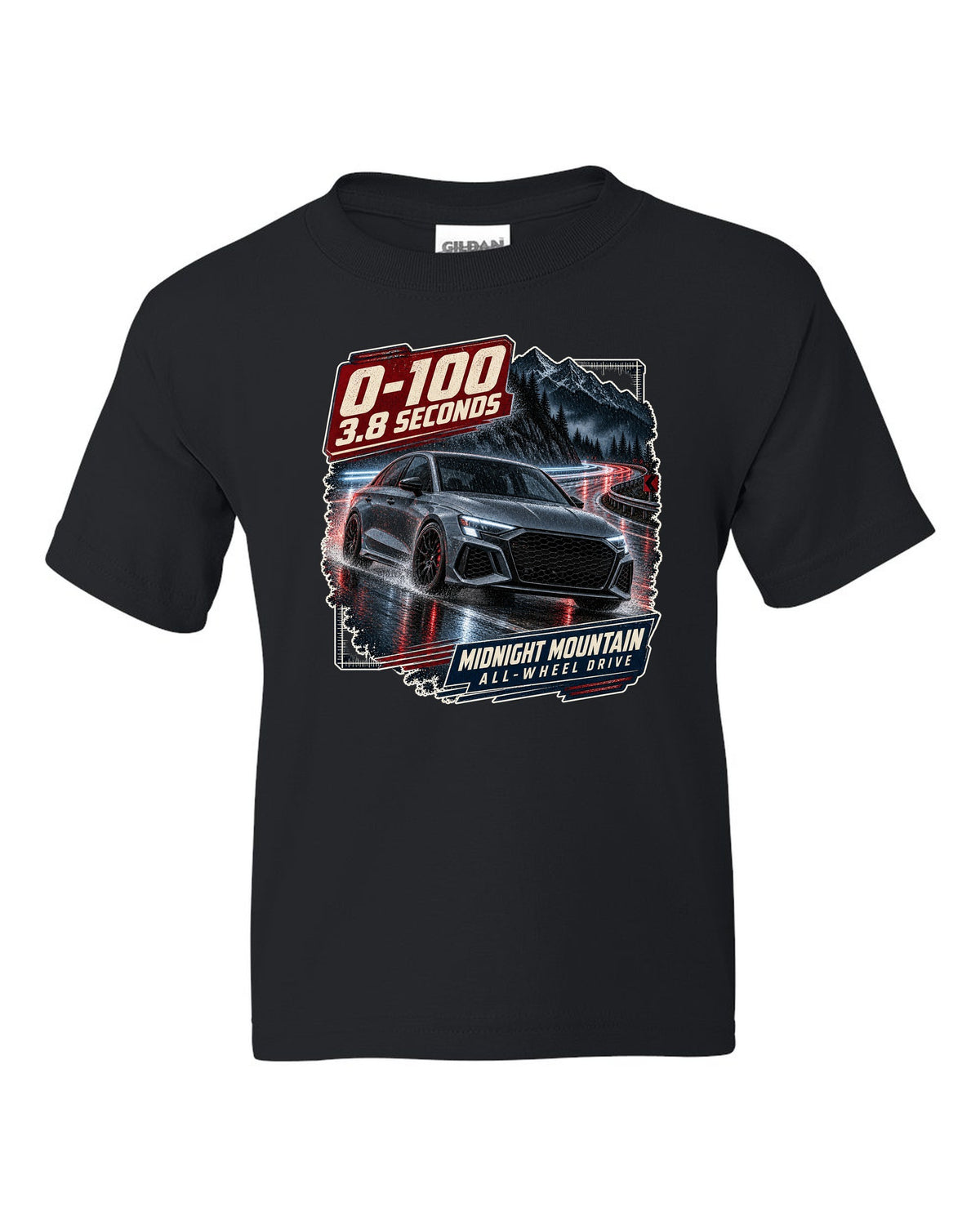Audi RS3 8Y sedan on a night mountain road with 0-100 caption black kids tee front view with the design