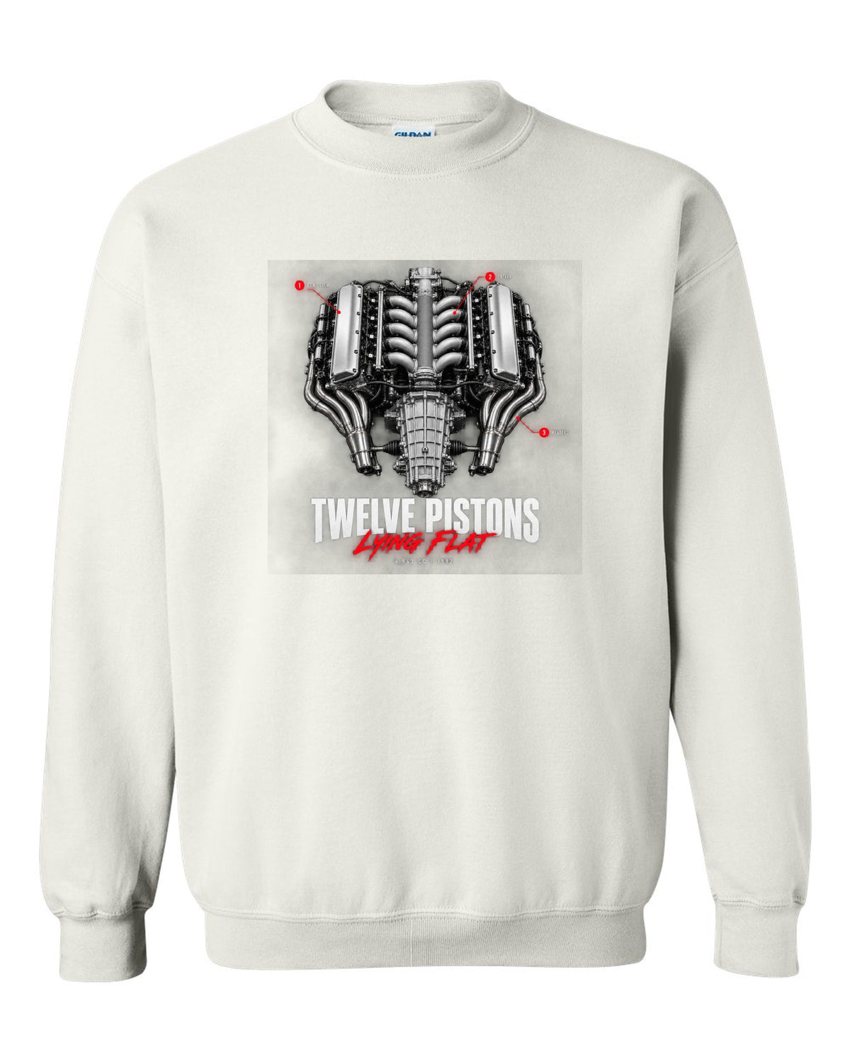 Engine callout print of the Ferrari 512 TR and F512 M flat-12 with the text Twelve Pistons Lying Flat white crewneck front view with the design