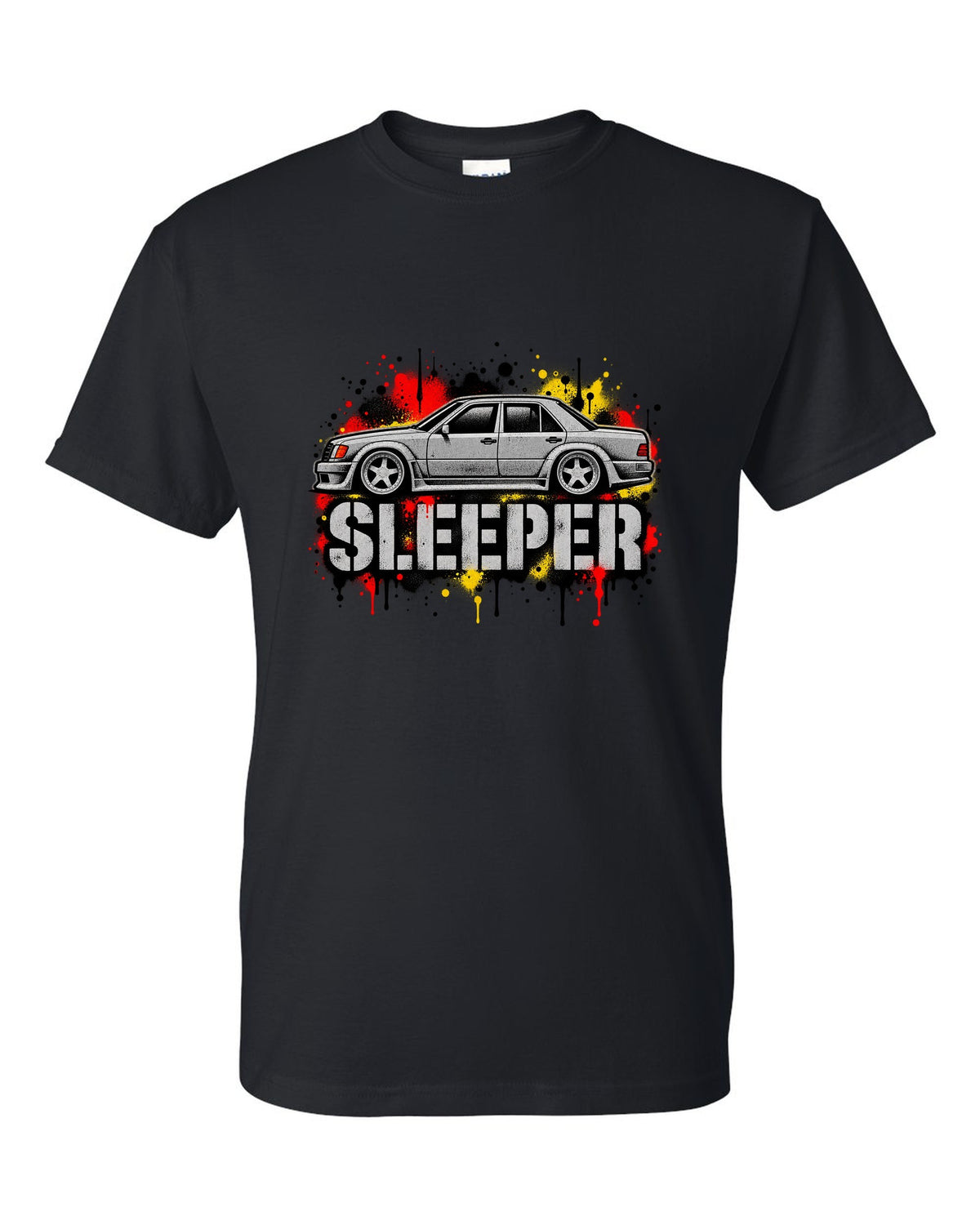 Embroidery-style varsity crest of a Mercedes 300E 5.6 Hammer W124 black t-shirt front view with the design