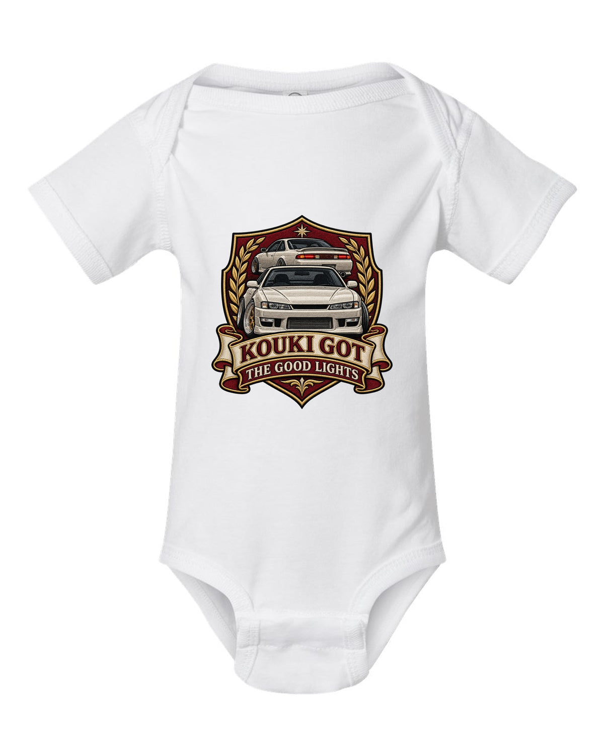 Embroidered shield crest print for the Nissan Silvia S14 kouki reading Kouki Got the Good Lights white baby onesie front view with the design