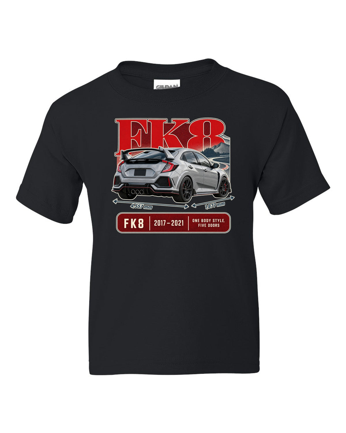 print archive panel of a silver-grey Honda Civic Type R FK8 black kids tee front view with the design