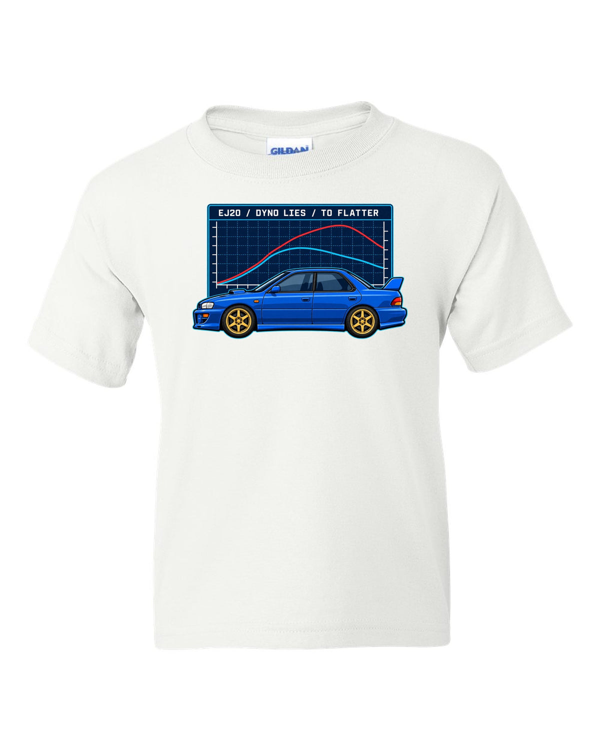 Vintage gauge face illustration pinned at 1.0 bar for a Subaru Impreza 22B STI white kids tee front view with the design