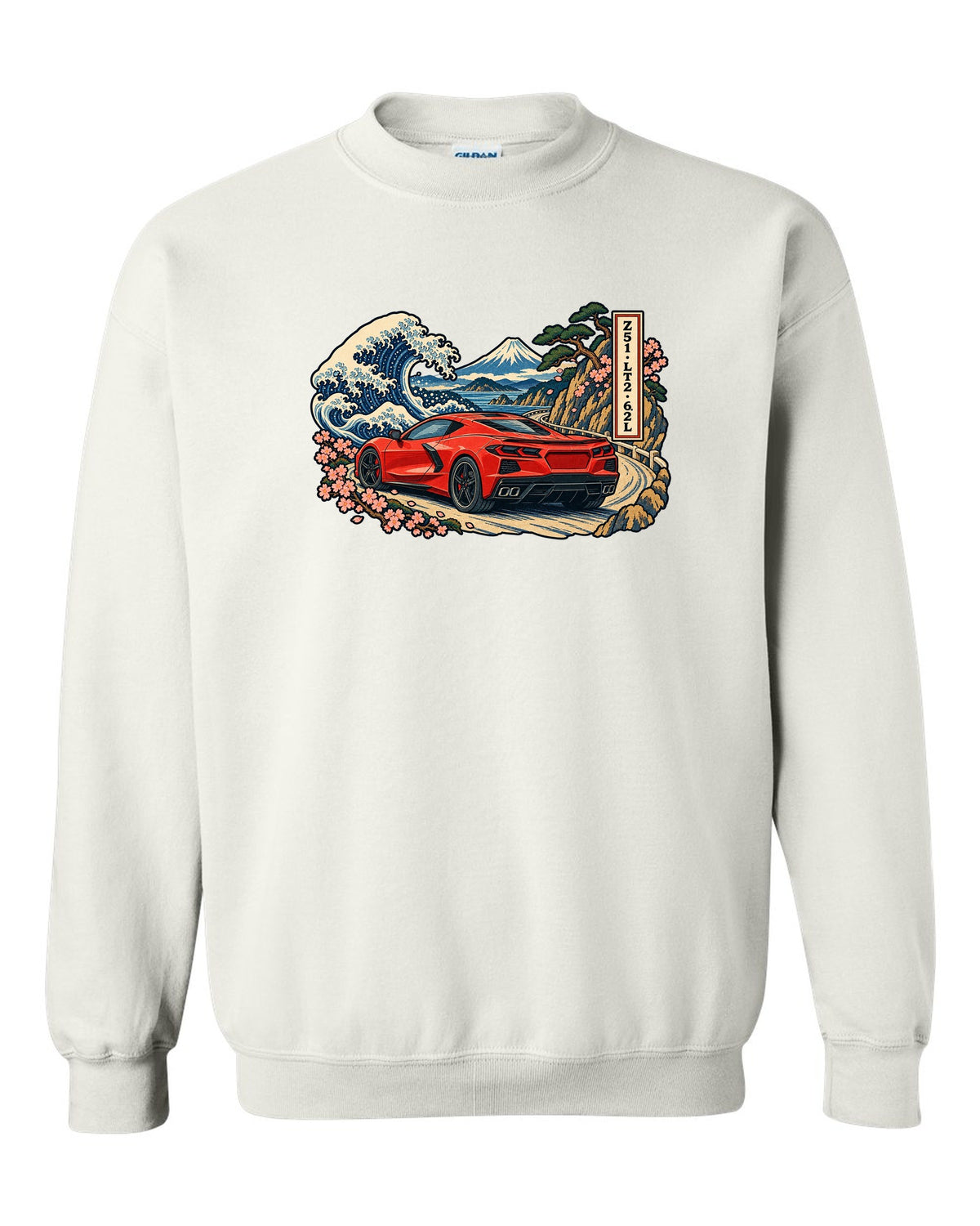 Ukiyo-e woodblock style print of a 2020 C8 Corvette Stingray on a mountain pass white crewneck front view with the design
