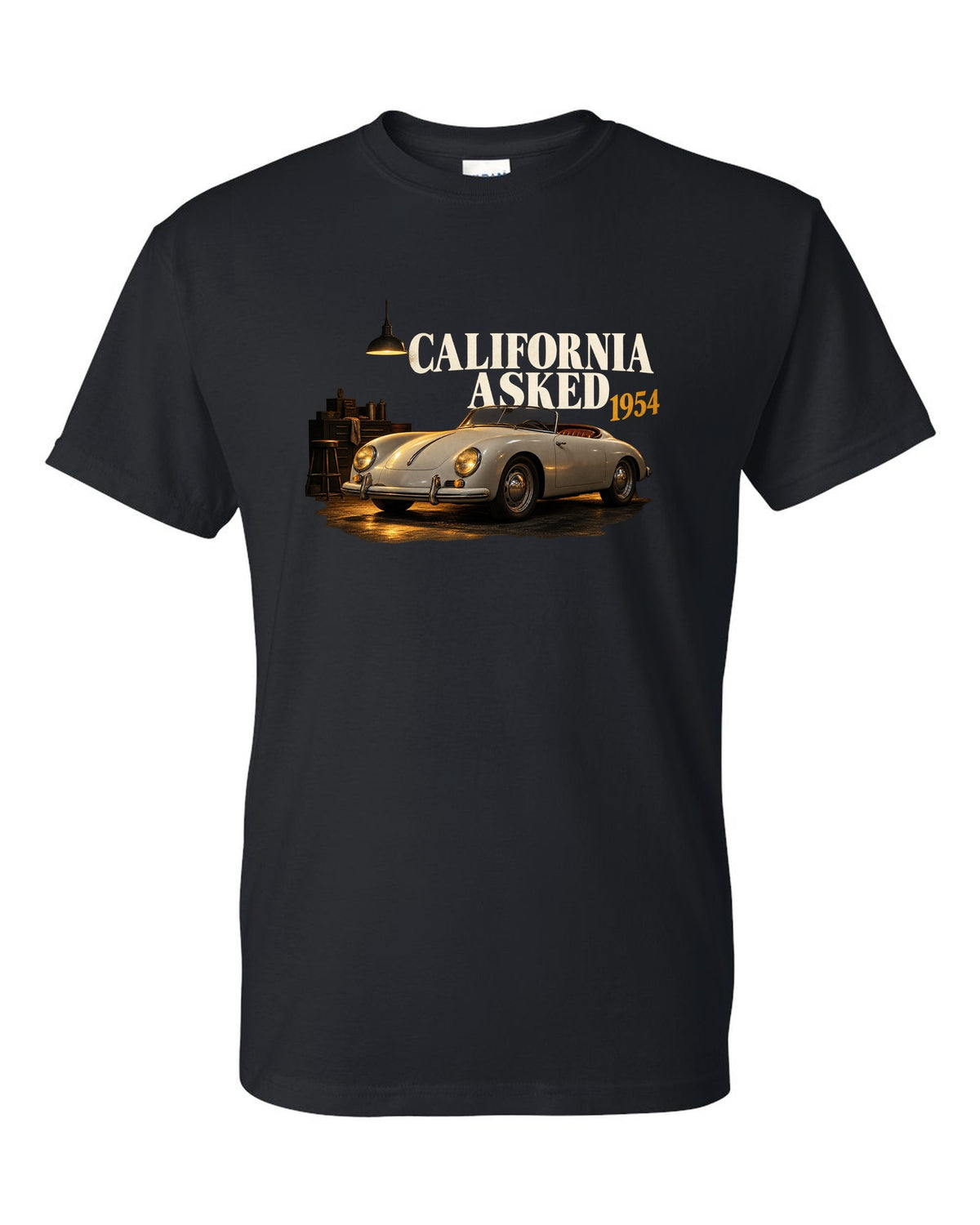 Garage night print of a 1954 Porsche 356 A Speedster with the caption California Asked black t-shirt front view with the design