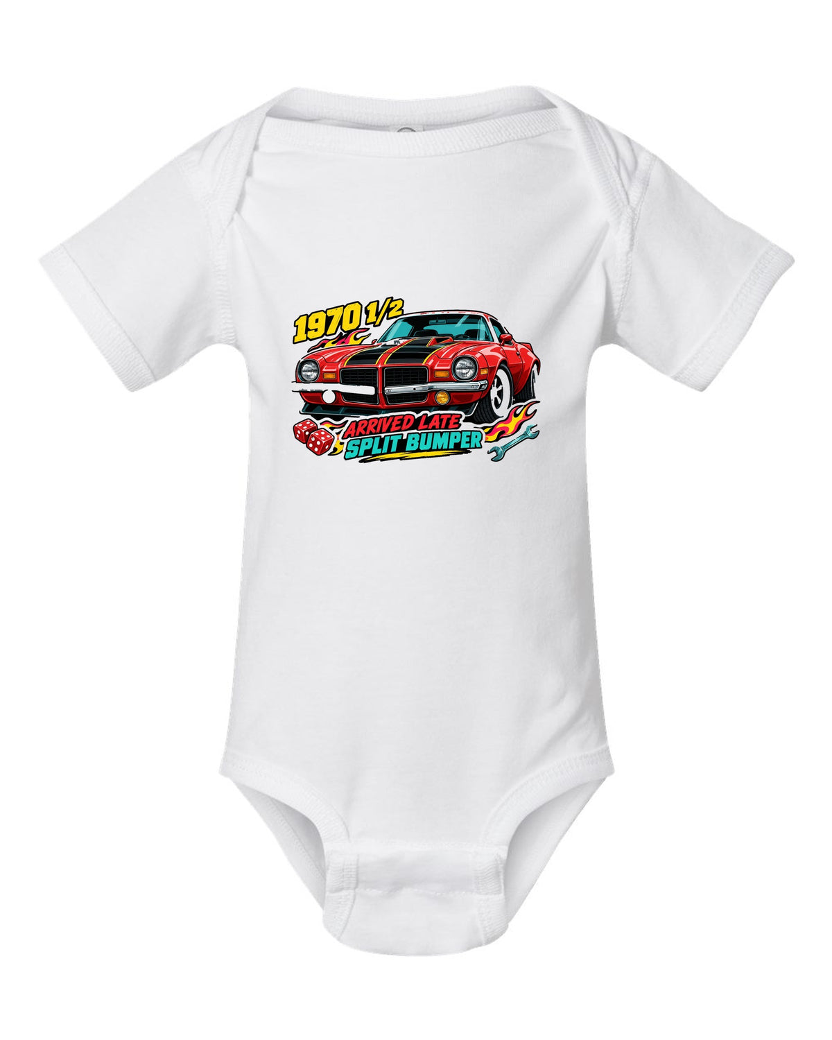 1970 Chevrolet Camaro Z28 split bumper sticker-bomb collage print reading 1970 1/2 Arrived Late white baby onesie front view with the design