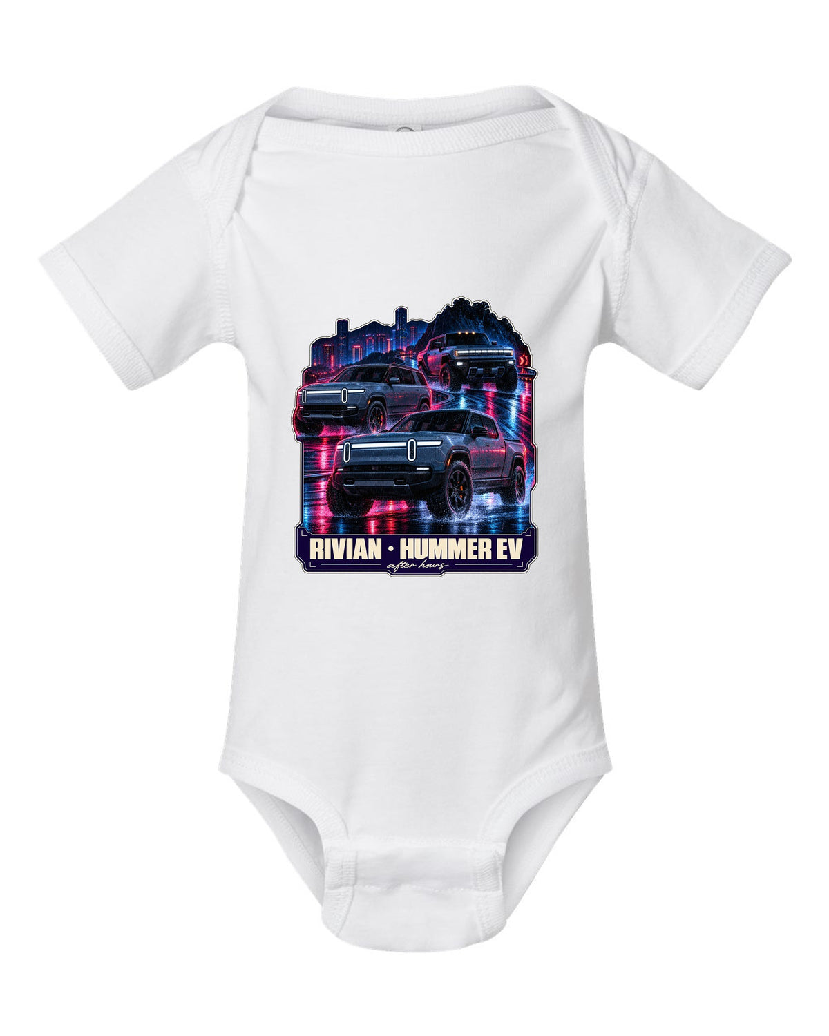 Night street print of the Range Rover Sport SV L461 on a wet road at 2 AM white baby onesie front view with the design