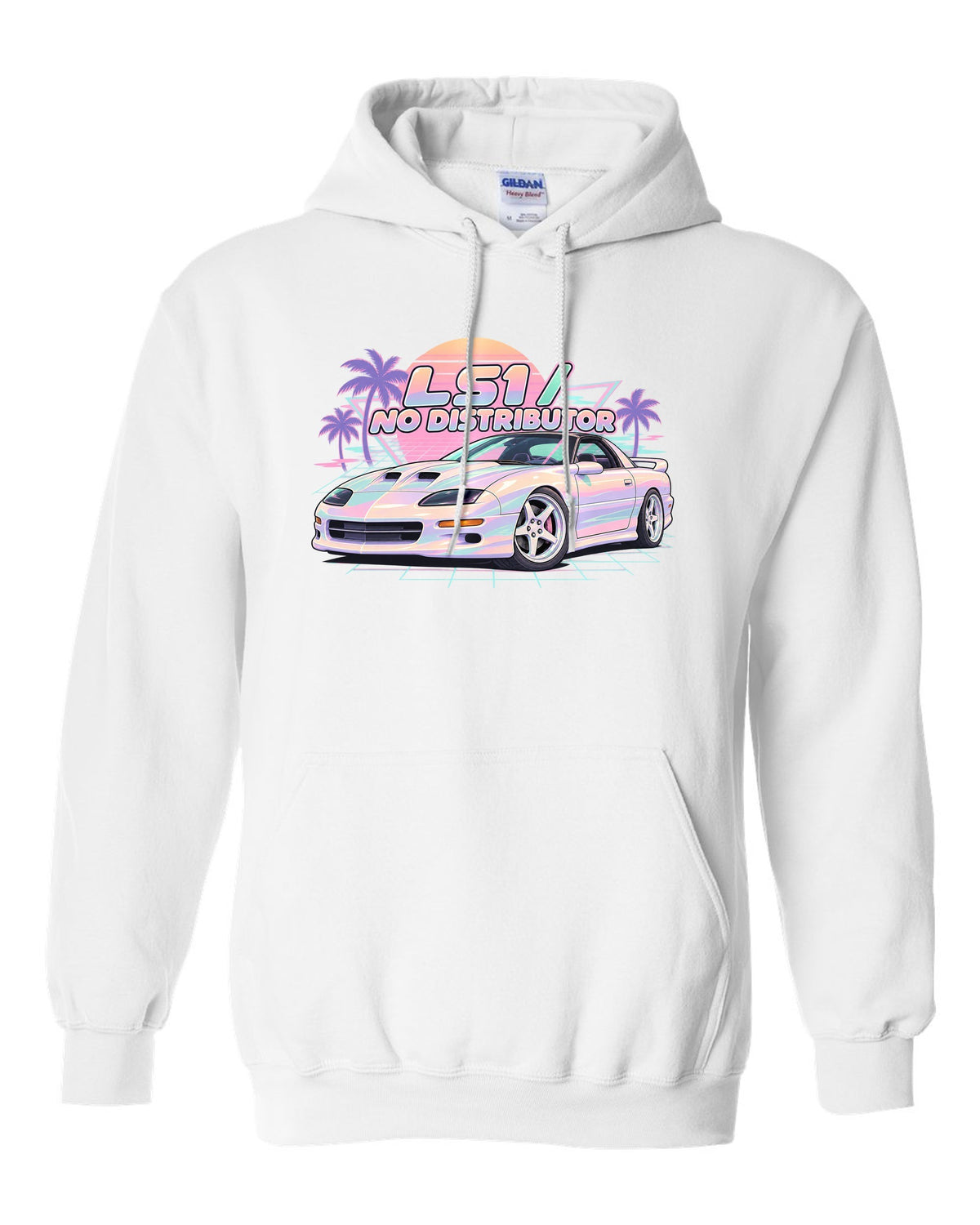 1998 Camaro SS fourth-generation on a pastel vaporwave grid with the text LS1 No Distributor white pull over hoodie front view with the design