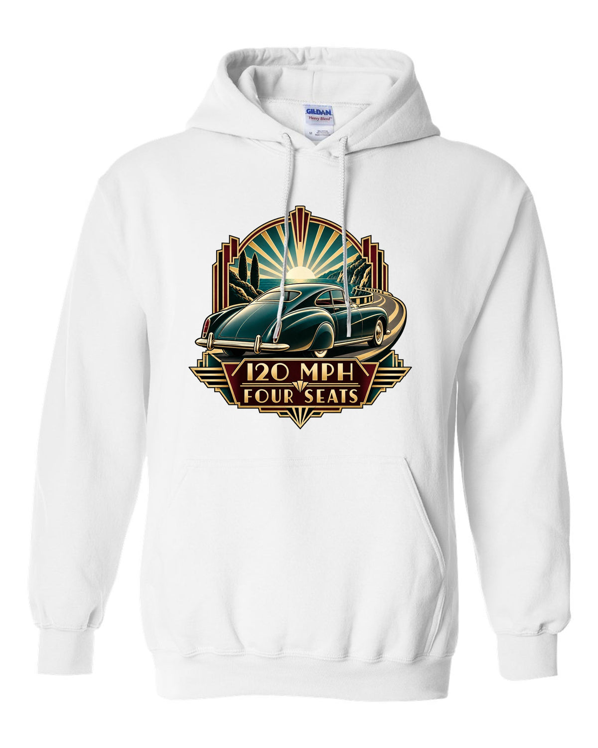 Synthwave outrun print of a 1982 Bentley Mulsanne Turbo with 120 mph and four seats lettering white pull over hoodie front view with the design