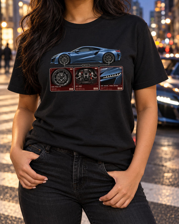 Acura NSX NC1 Case File 03 Dossier Tee, SH-AWD Car Shirt T-Shirt Black worn hero
