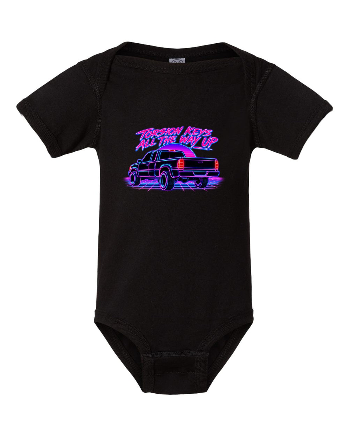 Neon synthwave line print of a 1988-98 Chevrolet GMT400 C1500 OBS extended cab taillight black baby onesie front view with the design
