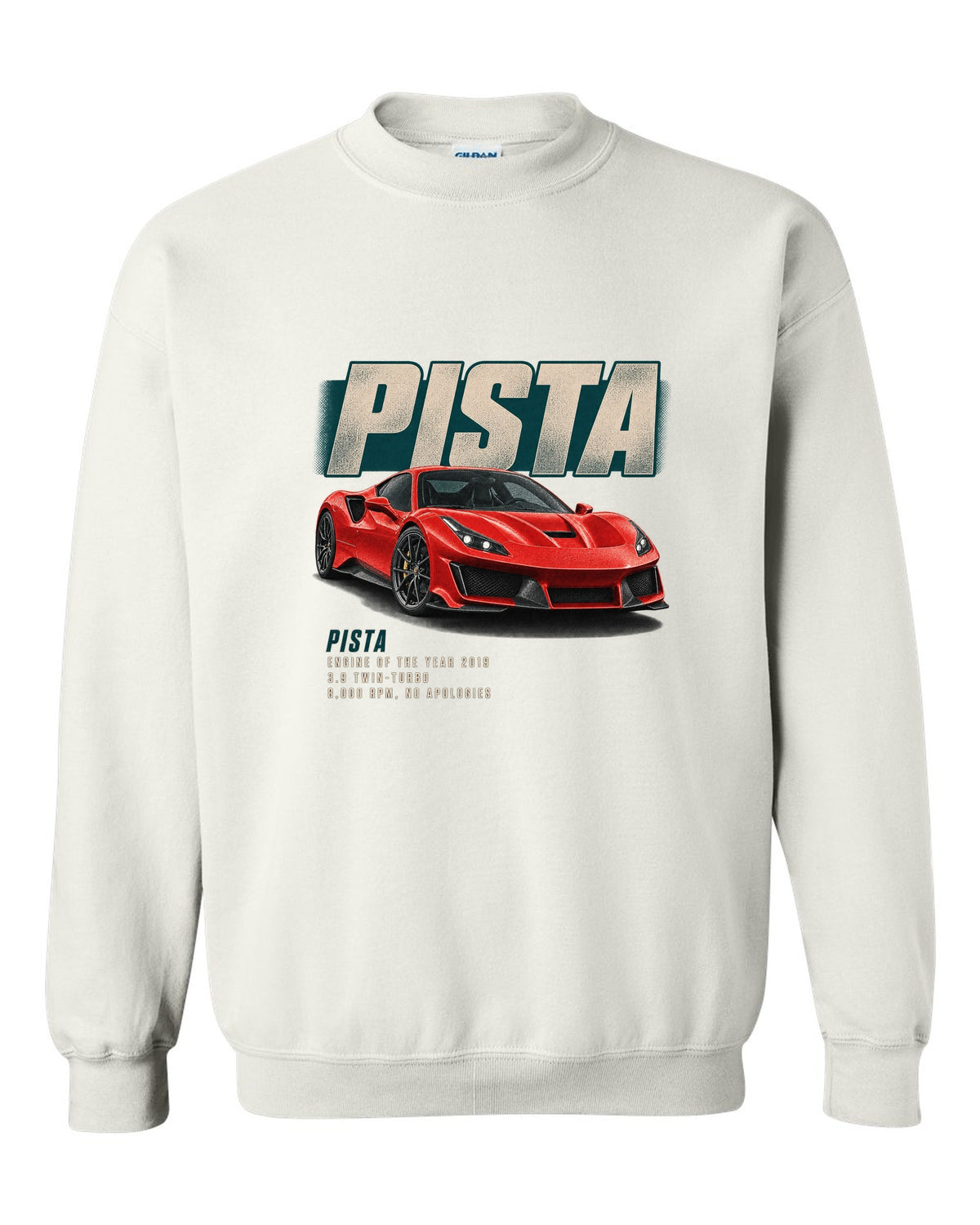 Editorial headline print of a red Ferrari 488 Pista in front three-quarter view white crewneck front view with the design