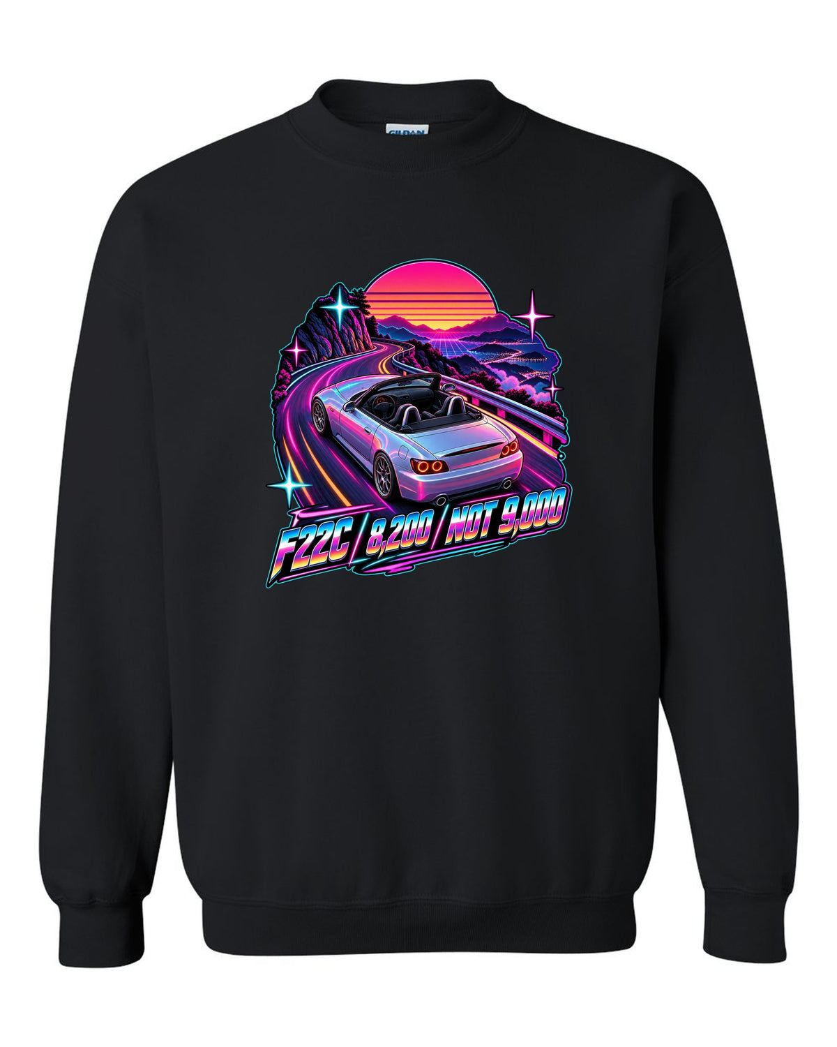 Neon synthwave print of a 2004 Honda S2000 AP2 roadster with F22C 8,200 Not 9,000 lettering black crewneck front view with the design