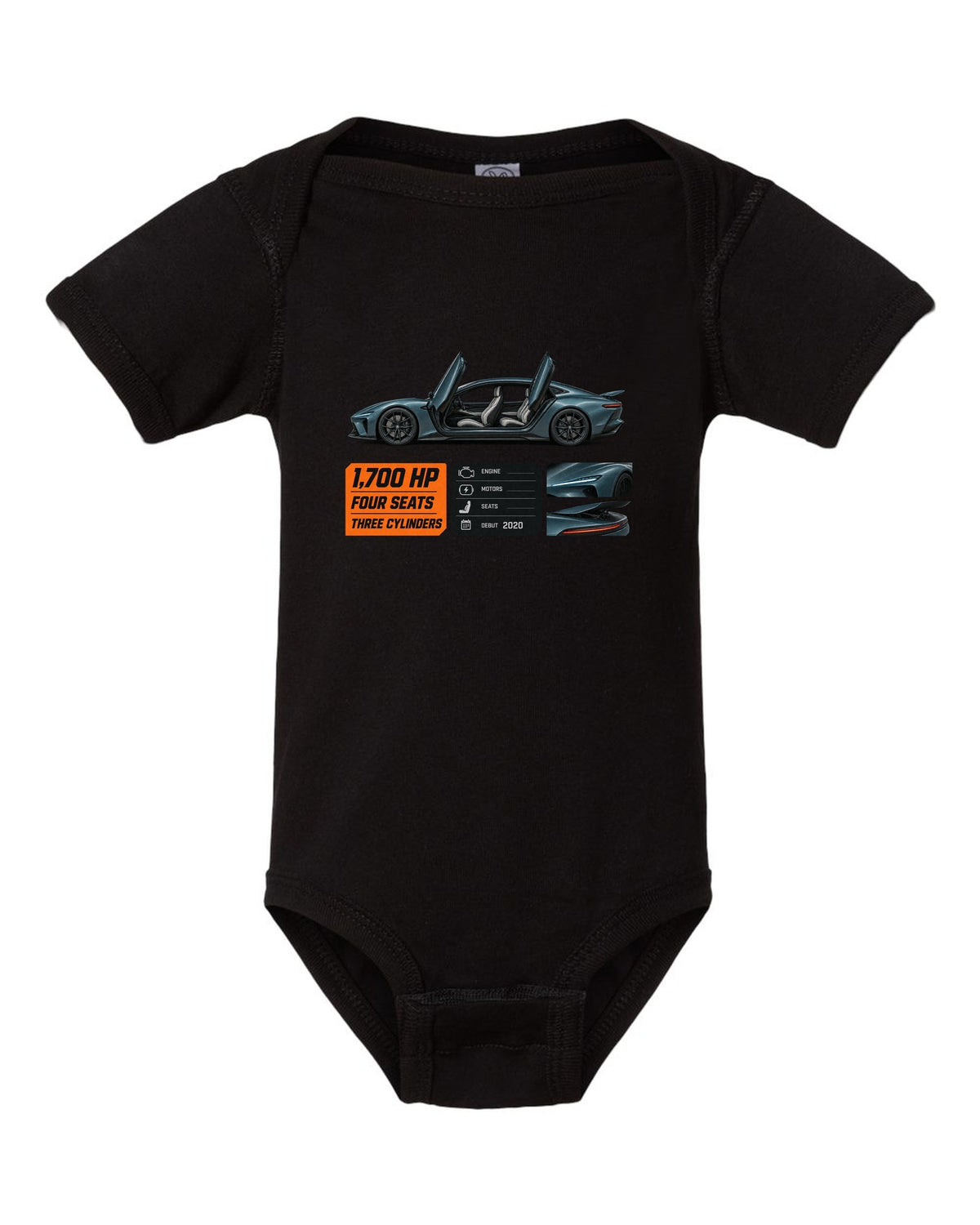 Spec poster of the Koenigsegg Gemera four-seat hypercar, print black baby onesie front view with the design