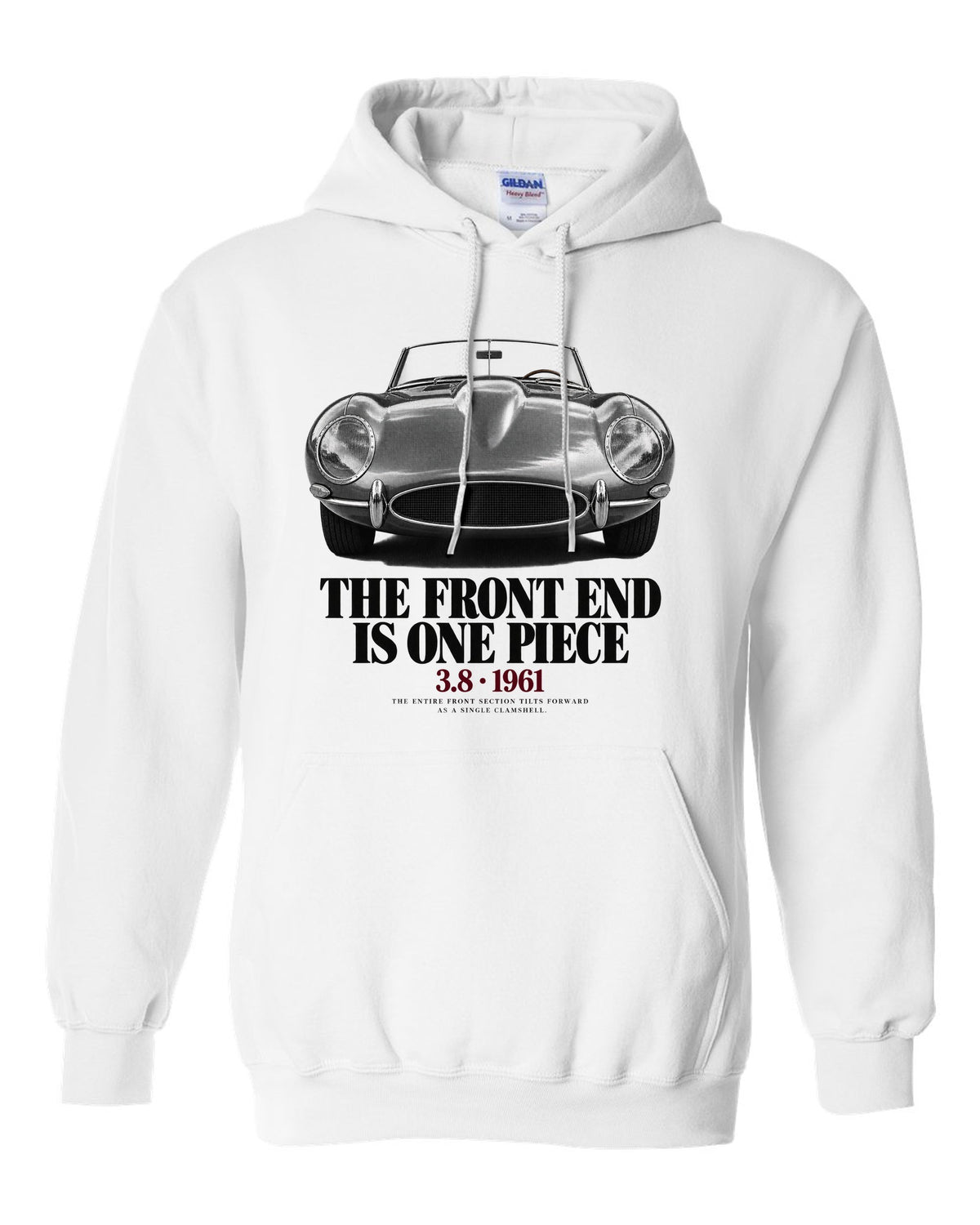 Jaguar E-Type Series 1 front end macro print white pull over hoodie front view with the design
