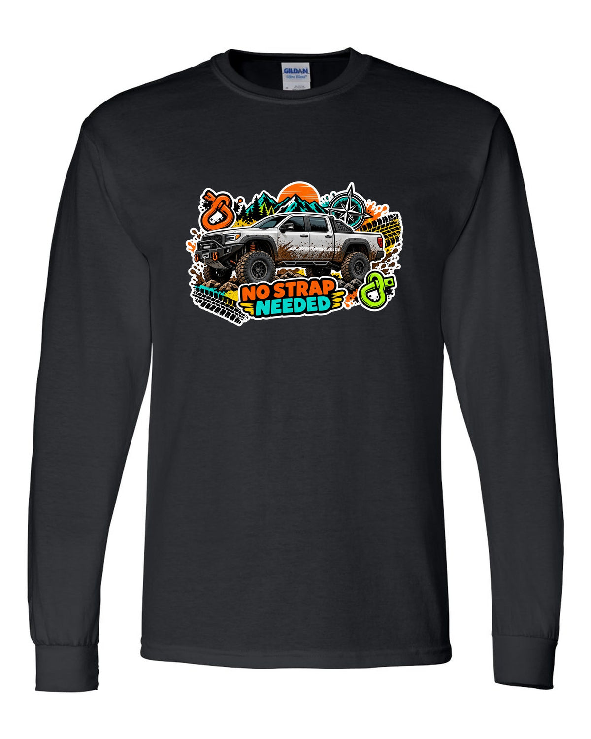 Sticker bomb collage print of a Ram Power Wagon 2500 4x4 with No Strap Needed text black long sleeve front view with the design