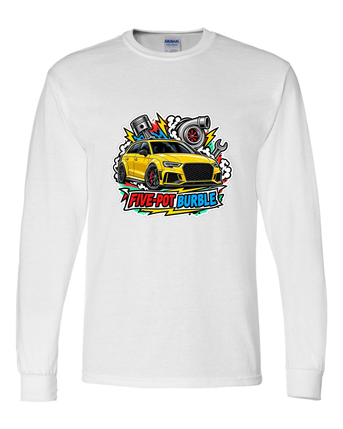 Sticker bomb collage print of an Audi RS3 8V with five-pot burble text white long sleeve front view with the design