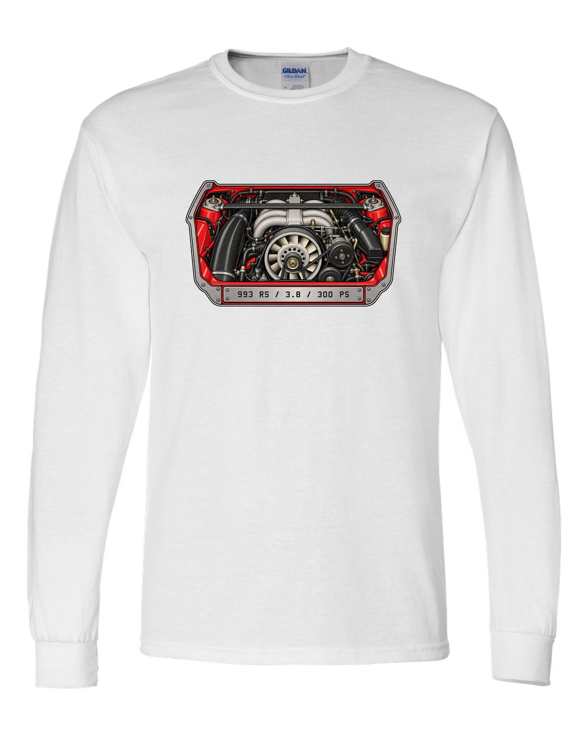 Porsche 901 topographic route map design with 1964 and 130 PS lettering white long sleeve front view with the design