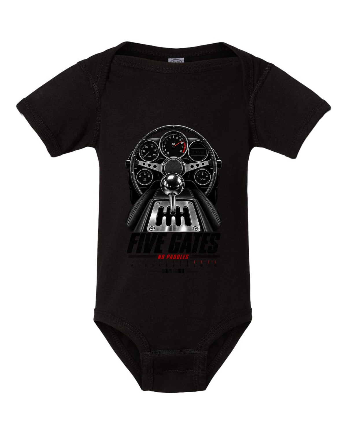 print of a Lamborghini Diablo cockpit with gated five-speed shifter and 5.7 V12 text black baby onesie front view with the design