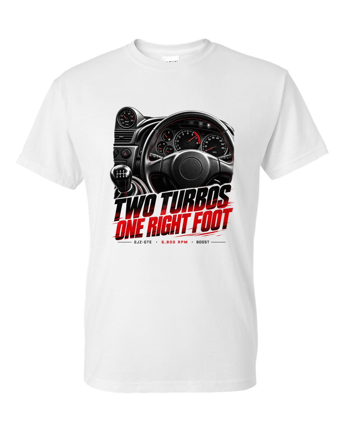 Cockpit and gauge print of a Toyota Supra A80 JZA80 with 6,800 redline white t-shirt front view with the design