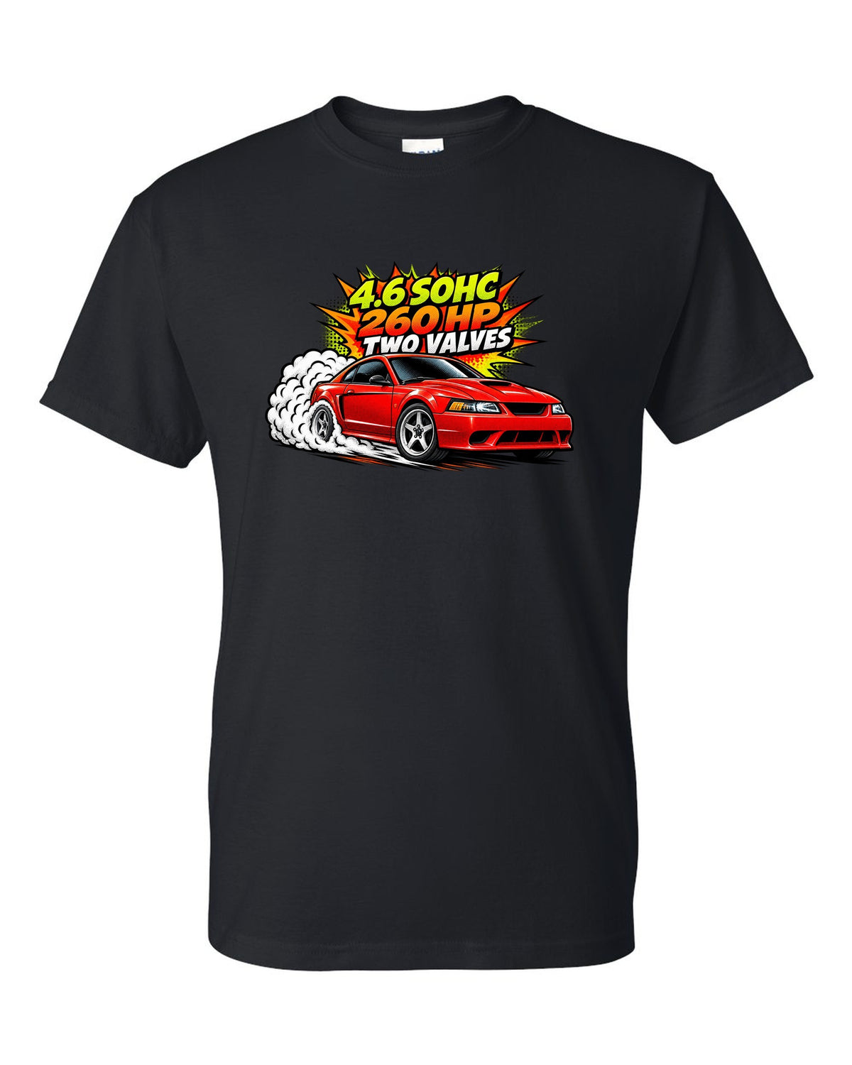 Comic halftone pop-art print of a 1999-2004 Ford Mustang SN95 New Edge burnout black t-shirt front view with the design