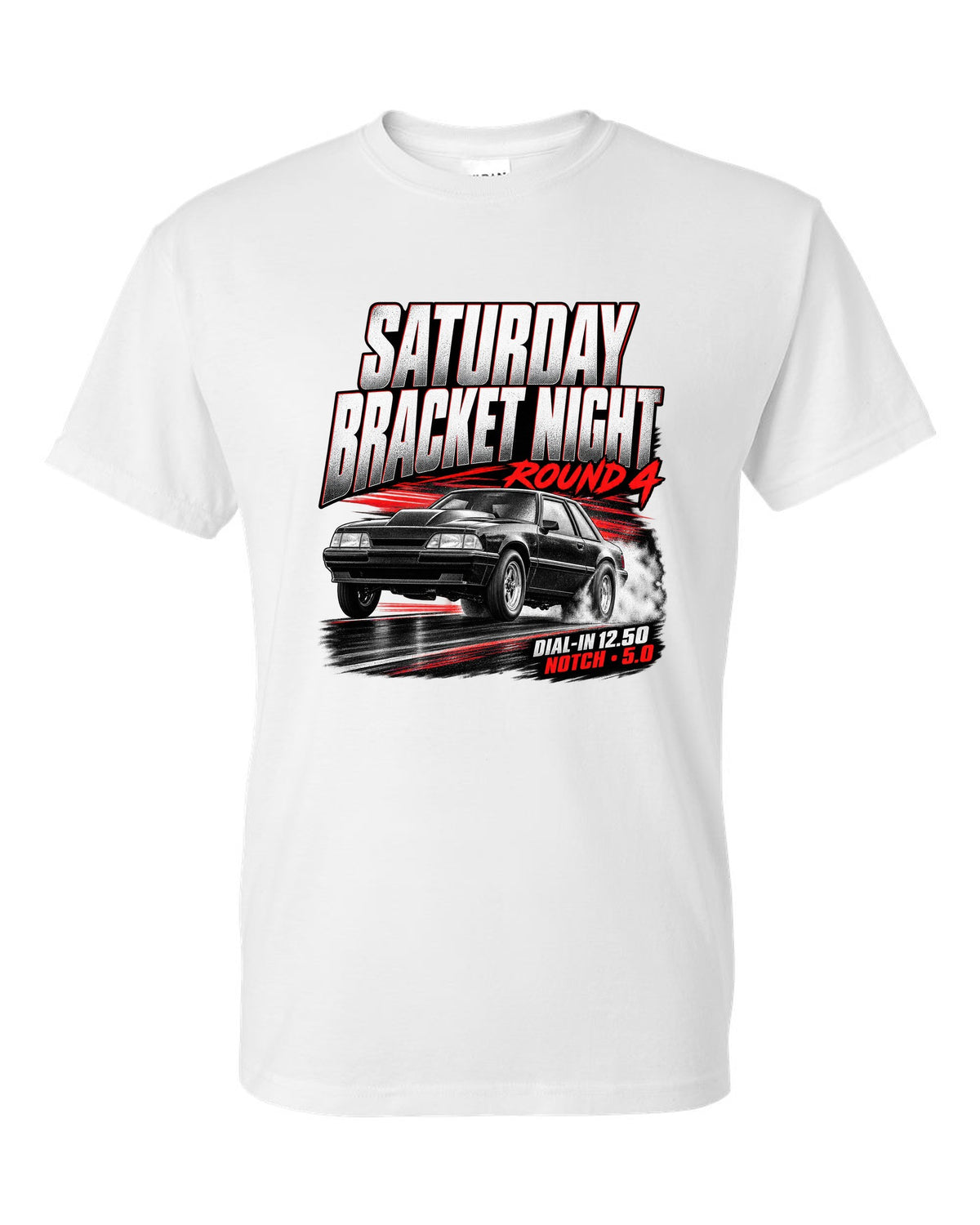 Race poster illustration of a Fox body Mustang notchback drag build for bracket night round 4 white t-shirt front view with the design