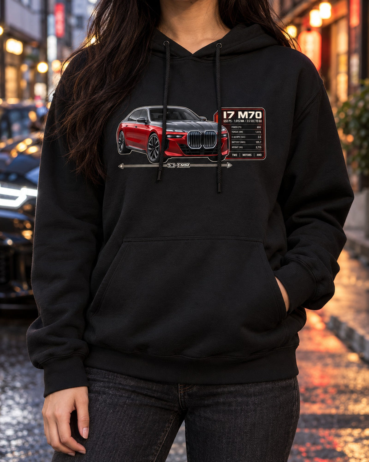 BMW i7 M70 xDrive G70 Spec Poster Shirt, 650 PS Print Pull Over Hoodie Black worn hero
