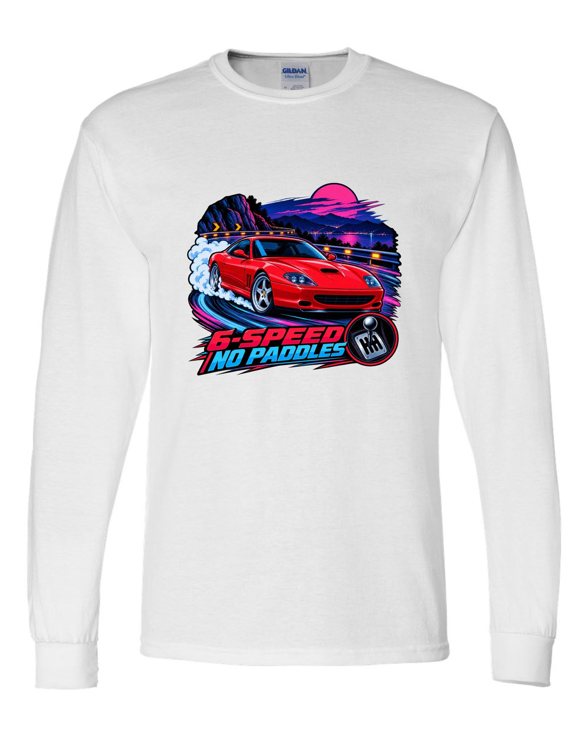Cel-shaded anime night touge print of a Ferrari 550 Maranello with 6-Speed No Paddles lettering white long sleeve front view with the design